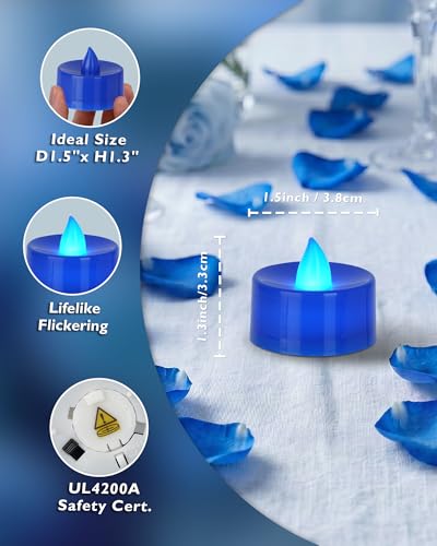 Image of Homemory Blue Tea Lights Candles Battery Operated, Flickering Flameless LED Votive Candles, Pure White Tealights for Wedding, Party, Ocean Dinner, Winter Wonderland, Hanukkah Decor, 24-Pack