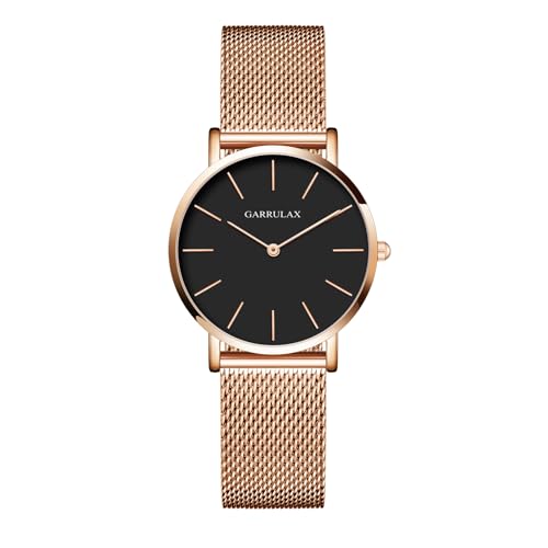 Garrulax Reloj de pulsera analógico de cuarzo para mujer, ultrafino, 36 mm, Pulsera dorada con acabado negro y dorado