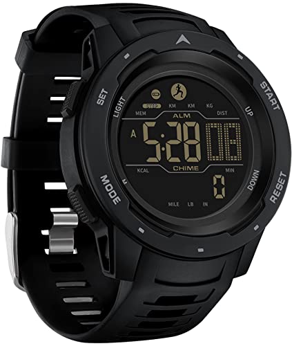 findtime Schrittzähler Armbanduhr Schwarz mit Kalorien 5ATM Wasserdicht Timer Stoppuhr, Fitness Herrenuhr Digital Militär Tactical Uhr Duale Zeitzone Sport Outdoor für Männer Jungen