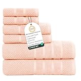 Feather & Stitch 100% Cotton 625 GSM Bath Towel Set of 6, Ultra Soft Highly Absorbent 2 Bath Towels, 2 Hand Towels & 2 Washcloth - Luxury Quick Dry Shower Towels (Pale Peach)
