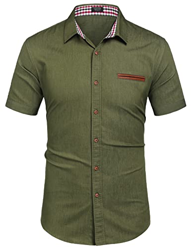 COOFANDY Mens Casual Cotton Short Sleeve Button Up Shirts Business Dress Shirt, Army Green, Large - Image 4