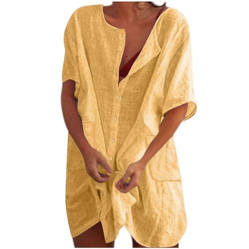 mi pedido reciente en amazon womens summer dresses cotton linen short sleeve knee length dresses plus size button down dresses trendy summer outfits cotton summer dresses for women 2024 Yellow XL