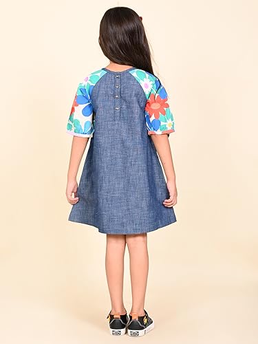 Image of LILPICKS Printed Sleeves A-line Solid Pocket DressFor Girls (Blue)