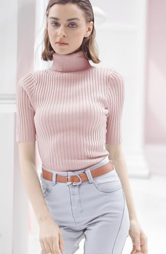 Image of v28 Women Turtleneck 1 /2 Half Sleeve Highly Stretchy Ribbed Knit Fitted Sweater