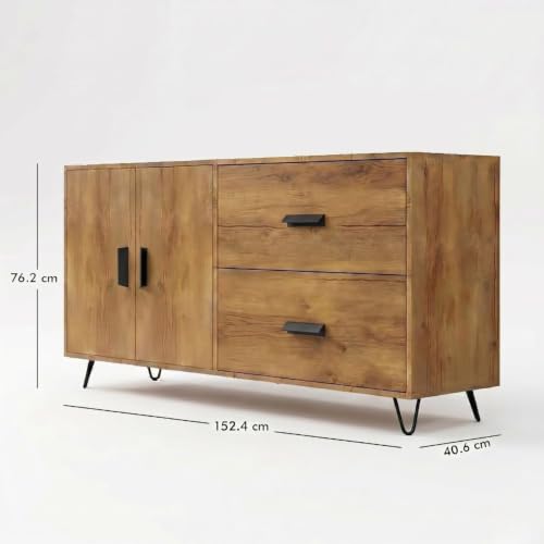 Image of FFO Haven Sideboard Cabinet for Living Room | 2 Door Storage Cabinet with 2 Drawers, Modern Sideboard Cupboard for Bedroom, Dining Room & Hallway, Wood Finish Cabinet with Metal Hairpin Legs DIY