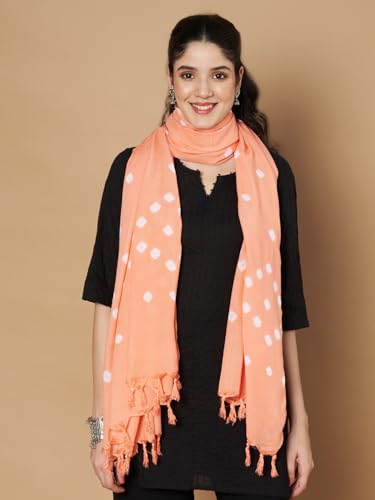 Image of Women's Cotton Rayon Bandhani Print Dupatta with Tassels 2.25 Meters | Women's cotton printed dupatta with tassels.