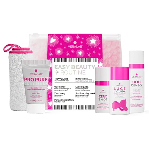 Veralab Easy Beauty Routine per Tutti i Tipi di Pelle, Travel Kit Skincare Completa con Detergente, Crema Viso, Maschera Viso, Panno in Microfibra o Fascia (per Pelle Mista o Impura)