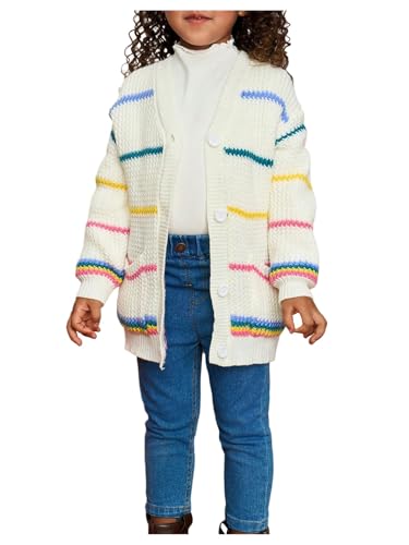 GORGLITTER Girl's Rainbow Striped Button Up Cardigan V Neck Long Sleeve Cute Knit Fall Sweater Tops