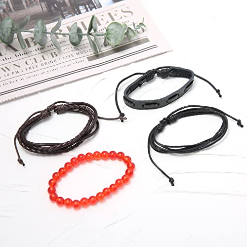 Hzman SZ23-0522-02A Leather Bracelet For Men Women Adjustable Handmade Braided Rope Multilayer Wrap Red Onyx Stone Charm Cuff Bracelet Jewelry Gift thumb #2