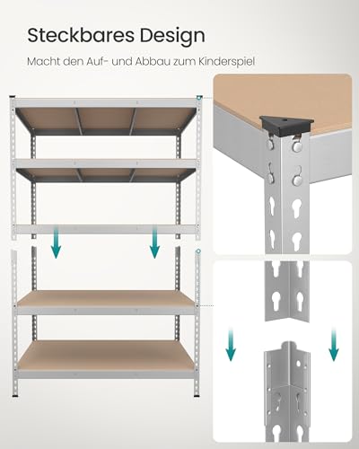 SONGMICS Schnelle Montage, Schwerlastregal, Standregal, Lagerregal, Küchenregal, Regal, 5 Ablagen, 60 x 120 x 180 cm, bis 875 kg belastbar, für Keller, Küche, Arbeitszimmer, silbern GLR600E01