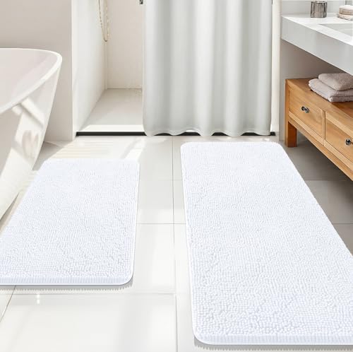 Image of OLANLY Bathroom Rugs Sets 2 Piece, Soft Absorbent Chenille Bath Mats Area Rug Set, Non-Slip, Quick Dry, Machine Washable Bath Mats for Bathroom, Home Decor Accessories (59 inchx20 inch+30 inchx20 inch, White)