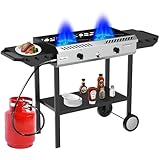 BESTFIRE 2 Burner Propane Gas Stove Outdoor Cooking Station – 150,000 BTU Double Cast Iron Burner with Auto Ignition, Regulator, Side Shelves & Wheels – Portable No-Windshield Design for Camping