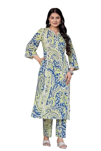 Image of Pistaa's Women Pure Cotton Paisley Printed A-Line Kurta with Pants Set