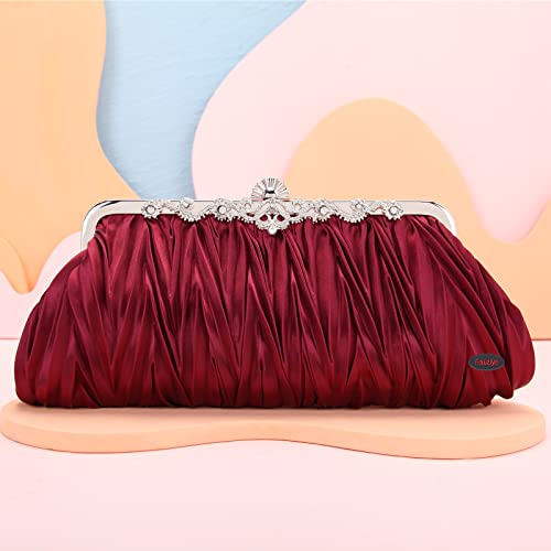 Fawziya Satin Pleated Clutch Crystal Evening Bags For Women Formal-Wine Red #TOP2