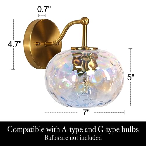Image of Gold Wall Sconce Light Colorful Hammered Glass Vanity Lighting Brushed Brass Wall Lamp for Bathroom Over Mirror