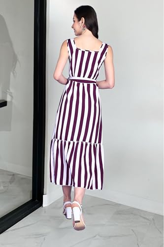 Image of POPWINGS Women Casual Blue & White Stripe Long Belt Dress Dress | Stylish Dress | Trendy Dress