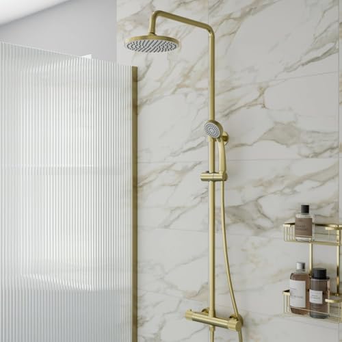 Image of Baystone® Fluted Thermostatic Mixer Shower Set with Rainfall Head Adjustable Riser Rail Handset Hose Exposed Bar Valve Showers Round, Brushed Brass