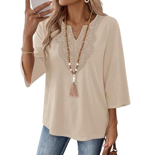 Ivicoer 3/4 Length Sleeve Womens Tops Boho V Neck Lace Shirt Vacation Clothes Trendy Blouses Dressy Casual