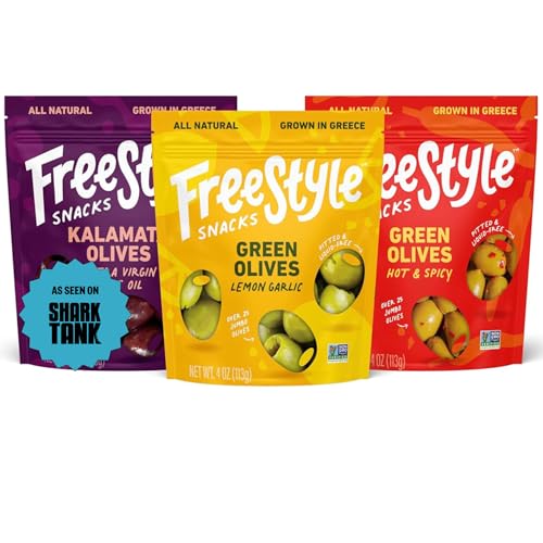 Freestyle Snacks Olive Snack Packs - As Seen on Shark Tank - Fresh Pitted Kalamata & Green Olives Grown in Greece Salty Snack All Natural Non-GMO Sugar-Free - Variety Pack 4oz (3 Pack)