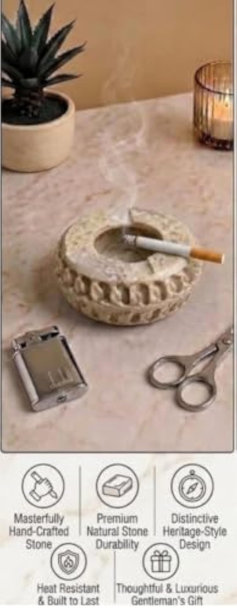 Handcrafted Marble Ashtray with Carved Design, Elegant Round Shape