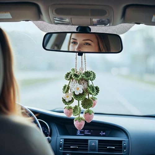 Image of Crochet Car Air Freshener Hanging, Cute Hanging Plant for Cars, Crochet Strawberry Plant with 10ml Empty Refillable Oil Diffuser Bottle, Handmade Boho Car Ornament Charms for Rear View Mirror, Pink