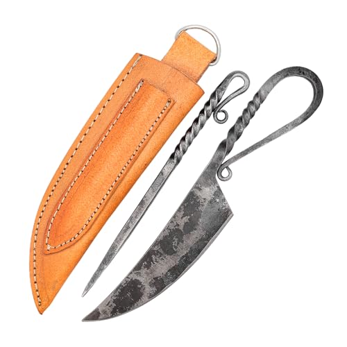 Armory Replicas™ - Hand Forged Medieval Themed Outdoor Grilling Utensil Set - Cowhide Leather Carrying Case Included