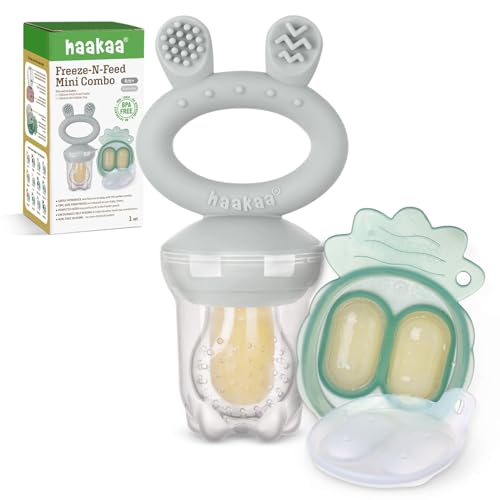 Image of Haakaa Baby Fruit Food Feeder & Mini Freezer Nibble Tray Combo, Breastmilk Popsicle Molds for Baby Cooling Relief, BPA Free Silicone Feeder for Safe Infant Self Feeding, 4 Month+ (Slate Grey)