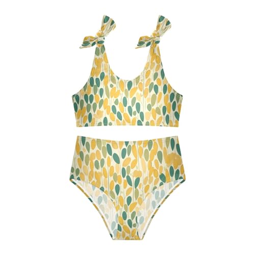 Vintage Grass Green Yellow Pattern Pattern Girl Two Piecing Kids Bikini Set Scoop Neck Bathing Suit Swimming Suits Cute3