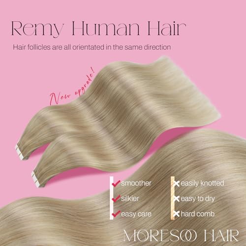Moresoo Highlighted Tape in Hair Extensions Real Human Hair Seamless Tape in Human Hair Extensions Ash Blonde Highlighted with Bleach Blonde Extensions Human Hair Glue in 22 Inch #P18/613 20pcs 50g - Thumbnail 2