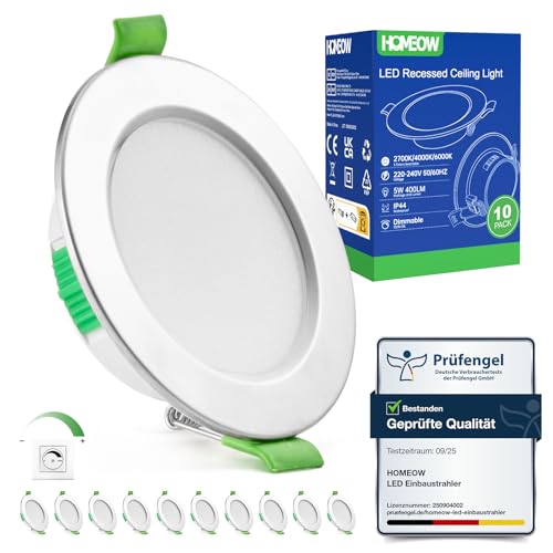 HOMEOW 10er Set Einbaustrahler LED Dimmbar, LED Spots 230V 68mm - 80mm Lochmaß, Nickel Deckenspots Deckenleuchte Warmweiß Neutralweiß Kaltweiß, 24mm Ultra Flach IP44 Einbauleuchten für Bad Küche HOMEOW 10er Set Einbaustrahler LED Dimmbar, LED Spots 230V 68mm - 80mm Lochmaß, Nickel Deckenspots Deckenleuchte Warmweiß Neutralweiß Kaltweiß, 24mm Ultra Flach IP44 Einbauleuchten für Bad Küche