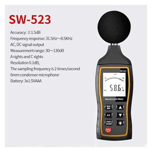 SW-523/524 デジタルデシベルメーター、デシベルメーター、30-130dBA 1.5 DB 精度騒音計テスター、騒音検出器(SW-523)