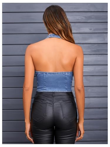 MakeMeChic Women's Denim Vest Halter Button Down Sleeveless Backless Y2K Jean Crop Top2