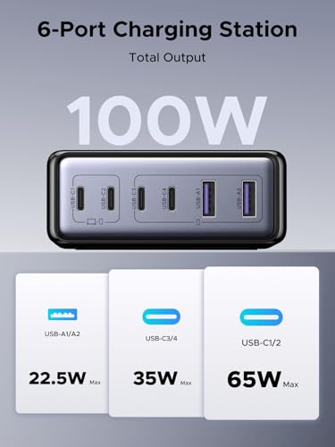 Image of UGREEN 100W USB C Charging Station, 6-Port GaN Desktop Charger with 4 USB-C & 2 USB-A, Smart Power Distribution for MacBook Pro /Air, Dell XPS, iPad, iPhone 17 /16 /15, Galaxy S25 /S24, Pixel 10 /9
