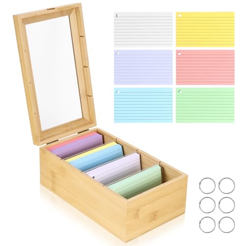 A7 Karteikarten Box Holz mit Transparent Deckel, 25cm*15cm*10cm Vokabelbox Lernkarteibox mit 4 Fächer & 300pcs Karteikarten für Büro Schulen und Heim