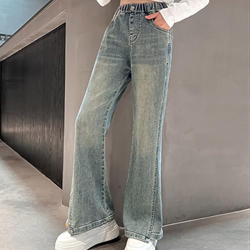 Baggy Flare Jeans for Girls Elastic High Waisted Bell Bottoms Kids Casual Straight Leg Denim Pants with Pockets3