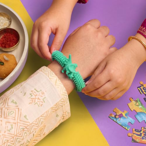Image of Phool Green Dino Stretchable Band Rakhi for Kids with Dinosaur Puzzle | Fun Dinosaur Rakhi for Boys | Stretchable Kids band| Raksha Bandhan Gift for Brother