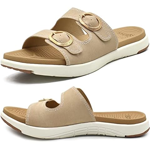 COFACE Womens Orthotic Slides Comfort Plantar Fasciitis Arch Support Slip on Flat Sandals Ladies Soft Cushion Fashion Yoga Mat Slippers With Adjustable Straps, Beige Size 8.5 Cover