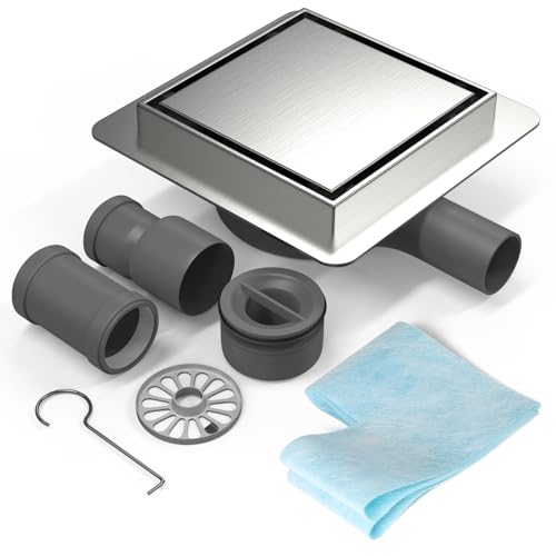 EFUTURETIME 20x20cm Caniveau de Douche Carré INOX, Siphon de Sol Douche Italienne à Carreler avec...