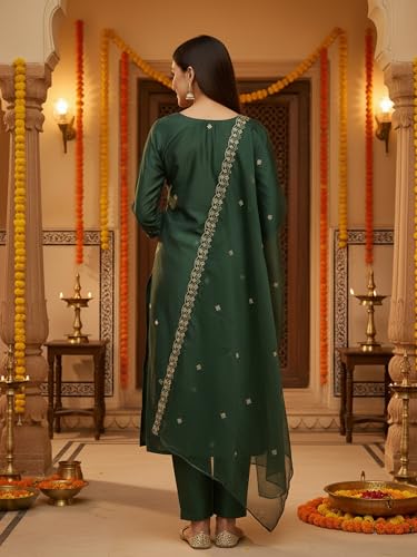 Image of INDO ERA Women's Silk Blend Floral Embroidered Thread Work Kurta & Pant with Dupatta Set