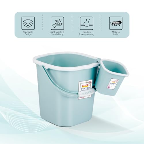 Image of RATAN PLASTICWARE Premia Bathroom Set (Bucket 5L X 1) + (Bucket 25L X 1) + (Mug 1.5L X 1) + (Small Stool X 1) - Mint|Easy to Carry | Perfect for Use in Bathrooms, Kitchen & Wet Utility Areas