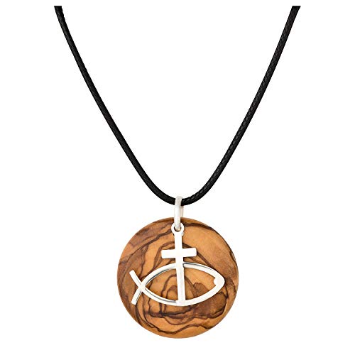 MaMeMi Collar Cristiano Plata de Ley 925 y Madera de Olivo Ø 3 cm – Cruz e Ichthys – Hecho a Mano en Belén – Regalo de Comunión, Confirmación o Confirmación – Con Bolsa de Organdí