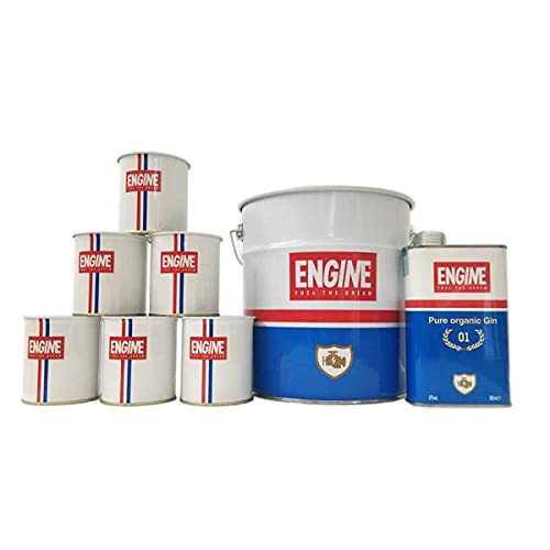 GIN ENGINE PACK, nr.1 latta Engine cl.50 + nr.6 Bicchieri in metallo + nr.1 Ice Bucket in metallo,il gin delle Langhe,"Pure Organic Gin",il gin artigianale 100% italiano e biologico,il Gin in Tanica