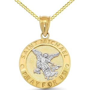 14k Yellow Gold Round Saint Michael Pray For Us Medallion Pendant Necklace