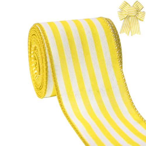Easter Ribbon Wired Edge, Spring Yellow and White Ribbon Wired Vertical Stripes Fabric Ribbon Gift Wrapping DIY Craft Wreath Garland Making Easter Day Party Decor Birthday Baby Shower, 2.5