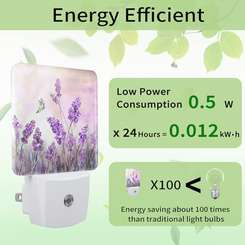 Image of Lavander Flower Butterfly Night Light, Night Light Plug into Wall with Dusk to Dawn Sensor, LED Lamp Energy Saving Lights for Men Women Boys Girls,Lamp for Bedroom Bathroom Hallway