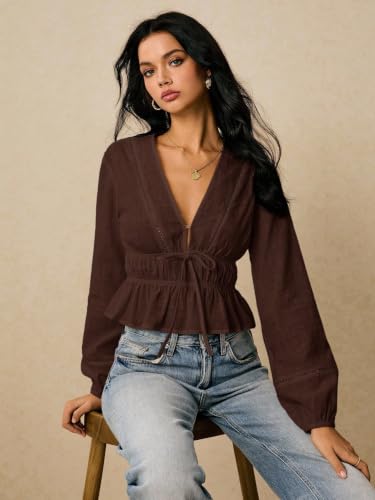 Image of Shasmi Women's Solid Deep V Neck Cotton Long Bishop Sleeve Drawstring Waist Ruffle Hem Peplum Top | Blouse | Casual Boho Cottagecore Shirt for Office, Vacation & Daily (Top 304)