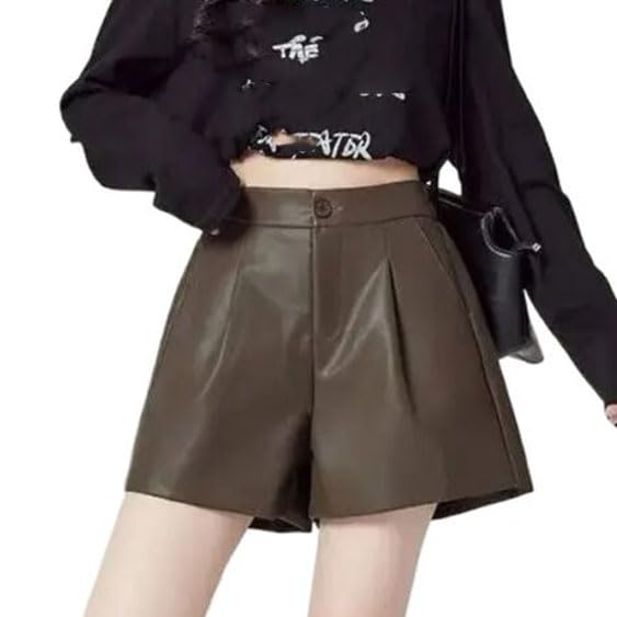 Pantalones cortos de otoño e invierno para mujer, cintura alta, estilo coreano, holgados, de pierna ancha, café, S