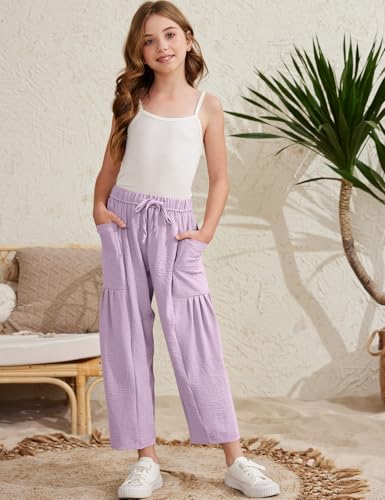 Image of COZYPOIN Girl's Wide Leg Pants Elastic Waist Loose Fit Flowy Casual Beach Palazzo Harem Trousers with Pockets 5-14 Y