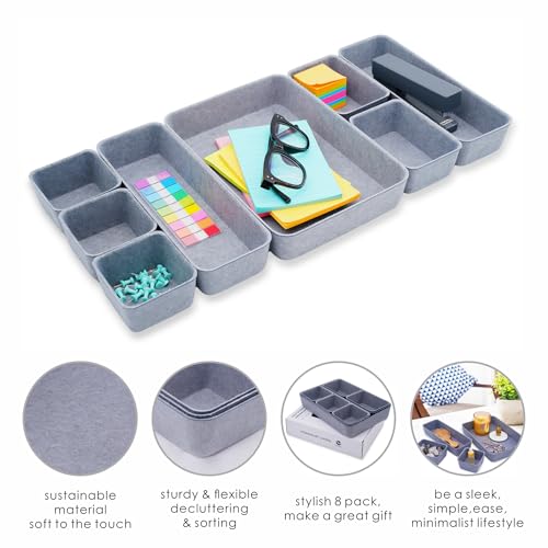 Image of Welaxy Minimalist 8pc Felt Desk Drawer Organizer Glacier Gray Bins