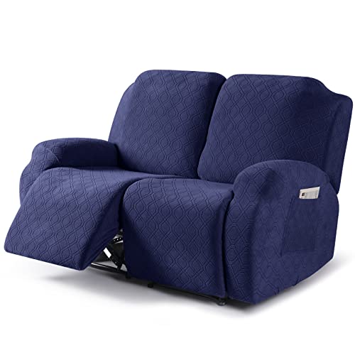 Image of VANSOFY Recliner Cover, 2-Pieces Stretch Reclining Couch Cover with Pockets Loveseat Sofa Slipcovers Soft Washable Furniture Protector for Dogs(Navy Blue)